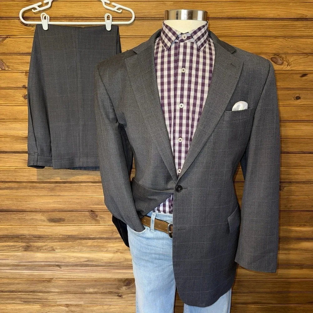 Jos A Bank Mens Suit 2 Piece Set Size 44L Jacket Blazer Pants 38x32 Wool Gray